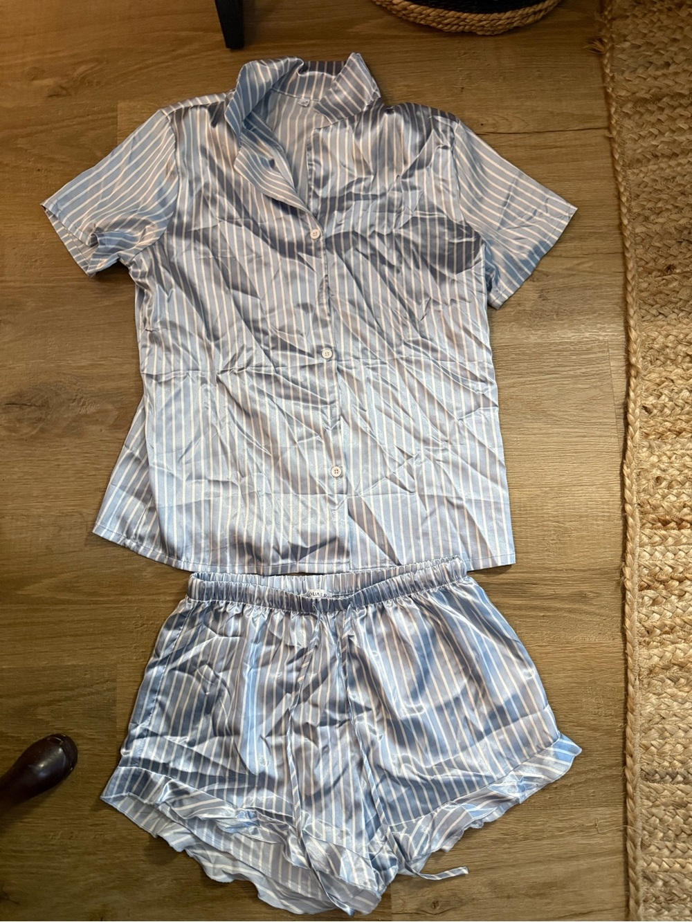 Women’s Blue Stripe Short Silk Pajama Set - Lightweight Sleep Shirt & Shorts